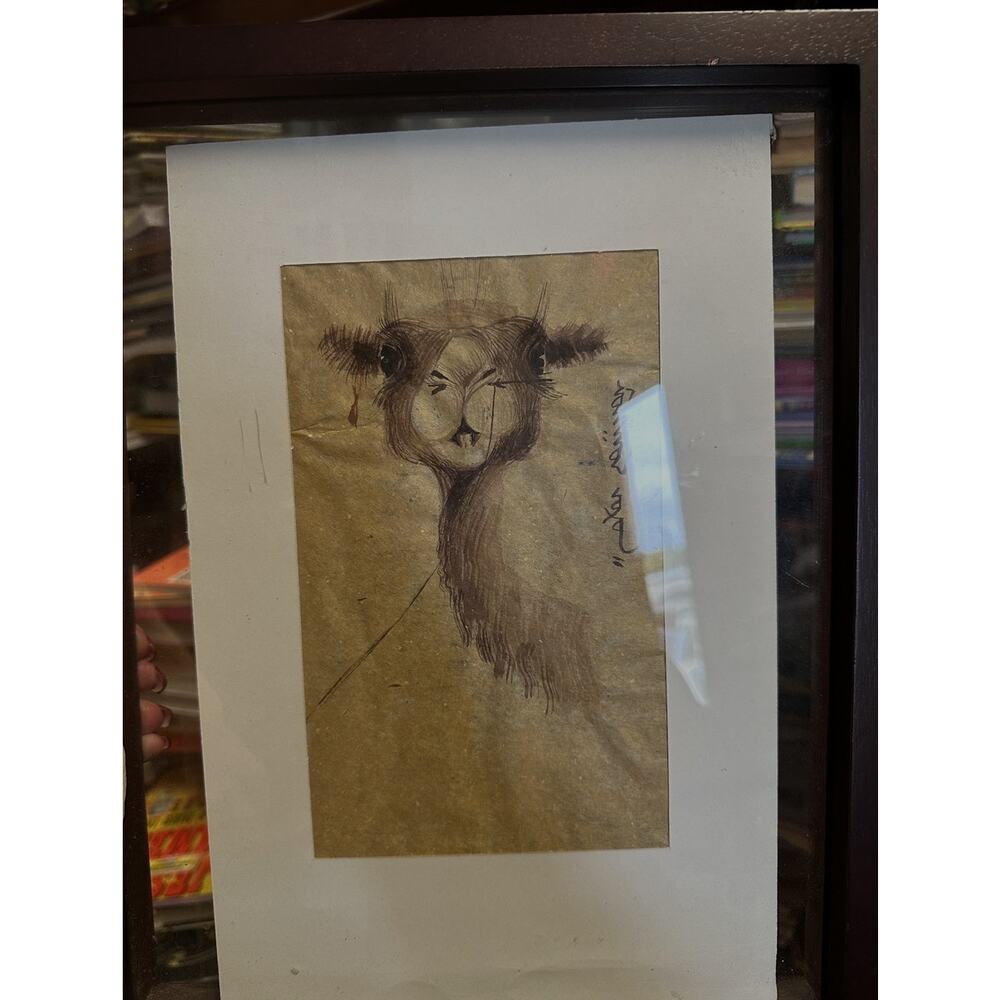 Whimsical Ink Camel Illustration‎ on Aged Paper – Framed Original Art –  Drawing